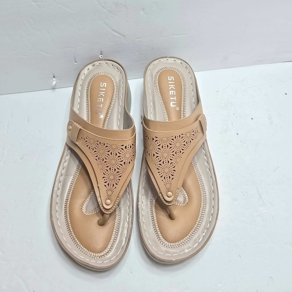 Siketu Womens Tan Laser Cut Floral Thong Wedge Platform Sandals JS777-1 Size 41